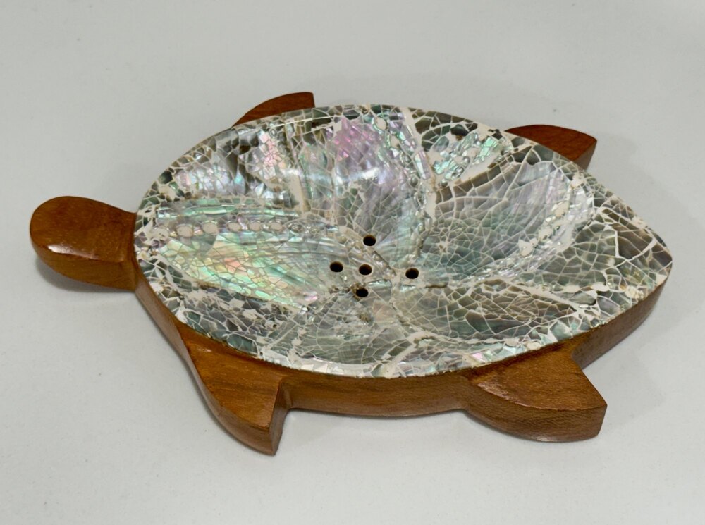 Vtg St Thomas USVI Sea Turtle Soap Dish Monkey Pod Wood Mother of Pearl Inlay